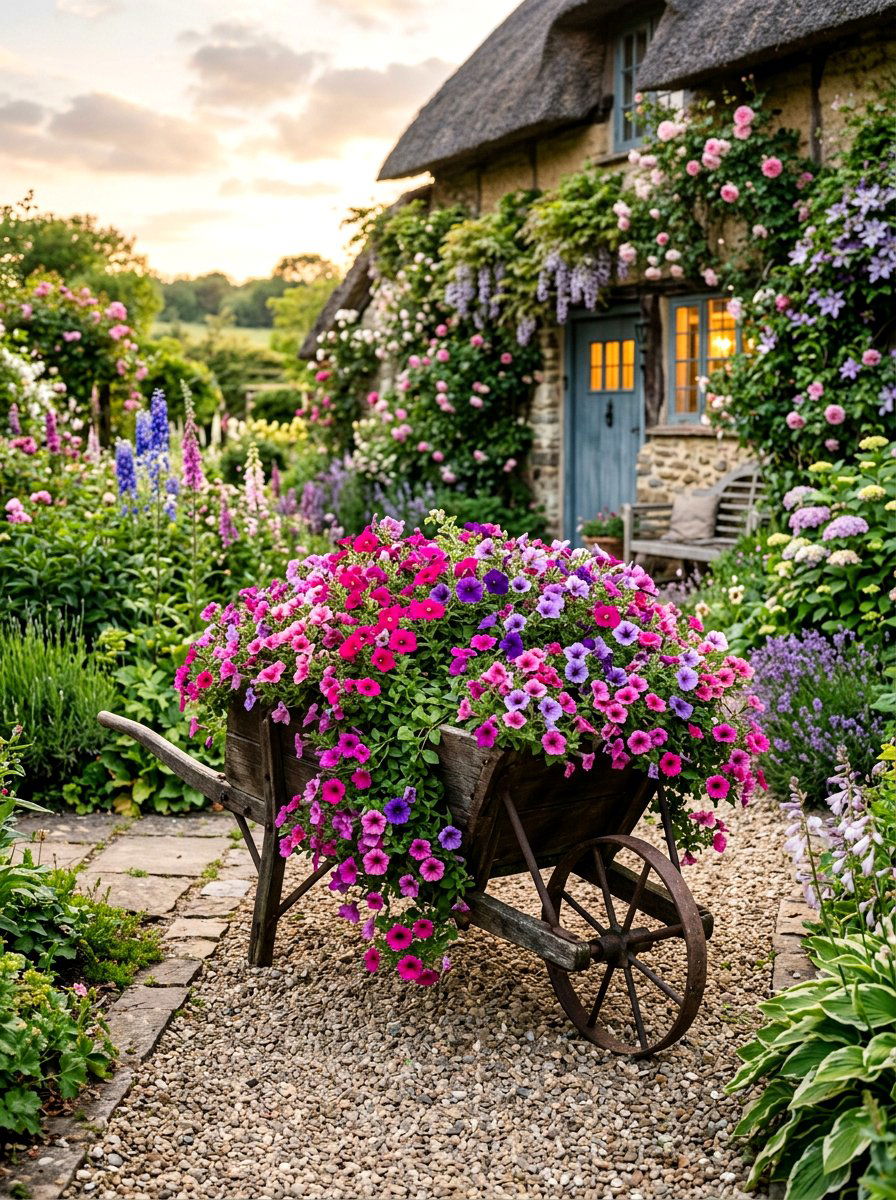 Trailing Petunia Wheelbarrow - 25 Spring Wheelbarrow Planter Ideas