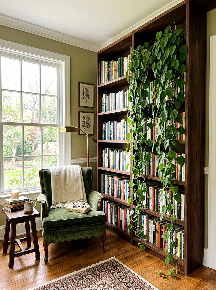 Trailing vine bookshelf - 25 Spring Greenery Decor Ideas