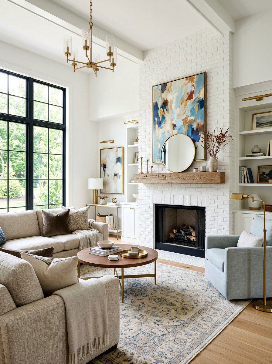 Transitional Living Room - 25 Spring White Brick Fireplace Ideas