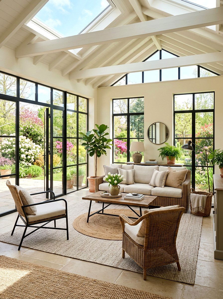 Transitional Sunroom With Neutral Tones - 25 Spring Sunroom Decor Ideas