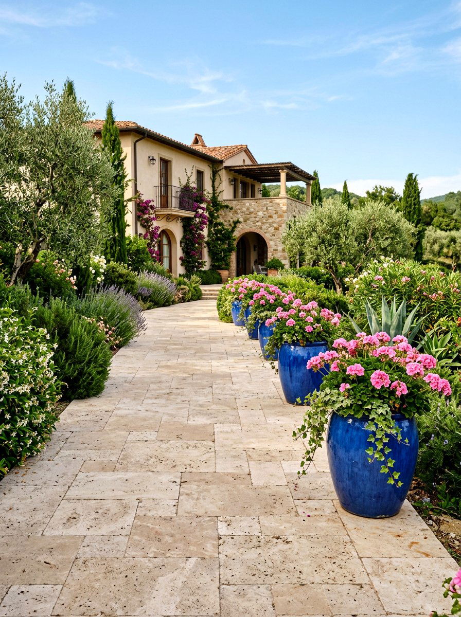 Travertine walkway with planters - 25 Spring Entryway Walkway Ideas