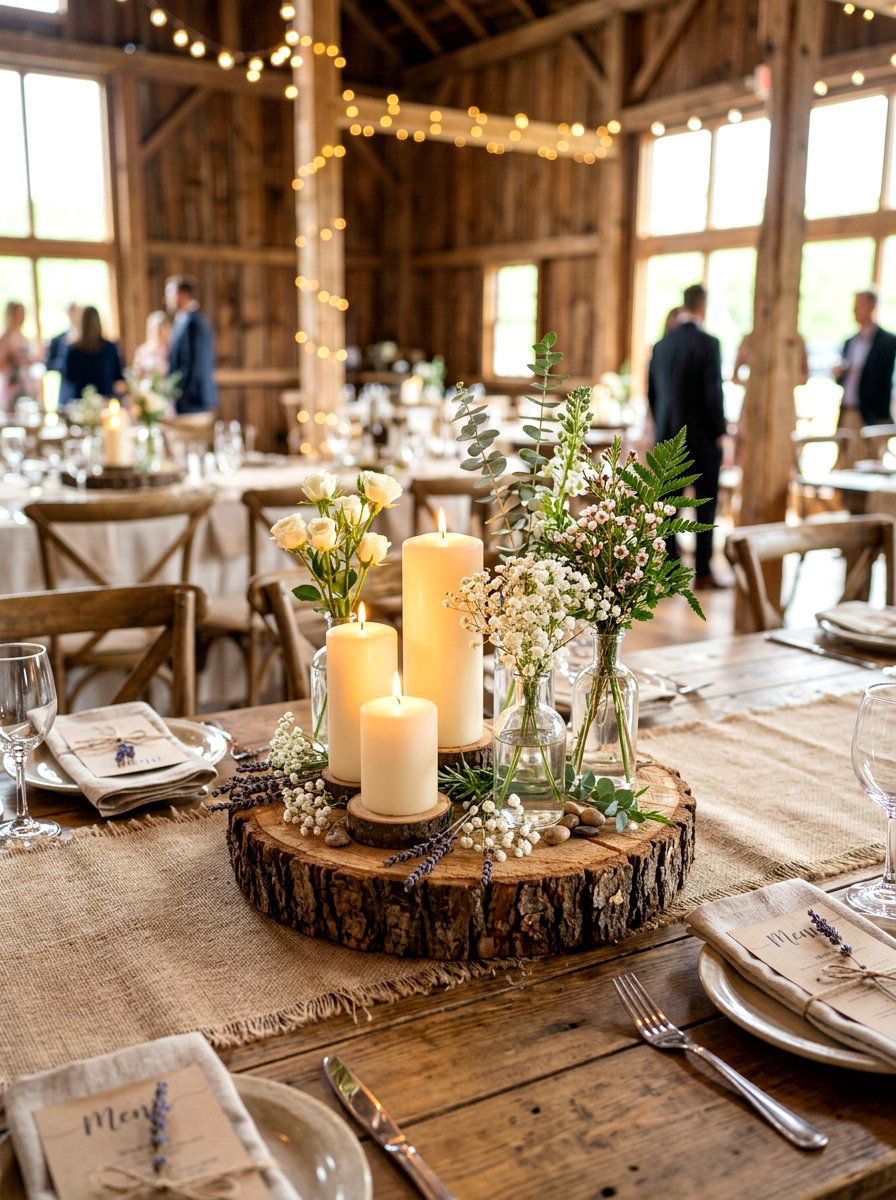Tree Slice Centerpiece - 25 Spring Barn Wedding Decor Ideas