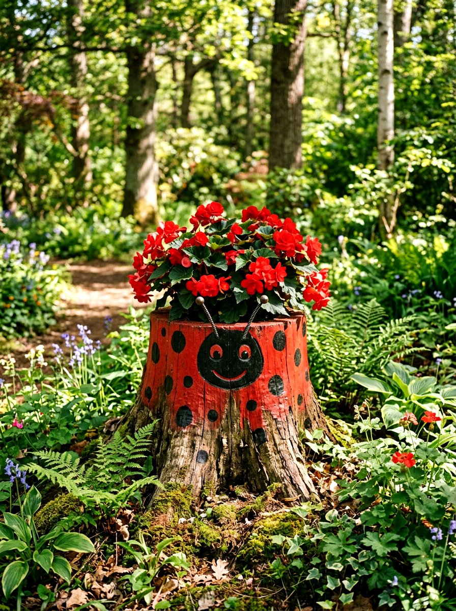 Tree Stump Ladybug Planter - 25 Spring Ladybug Planter Ideas