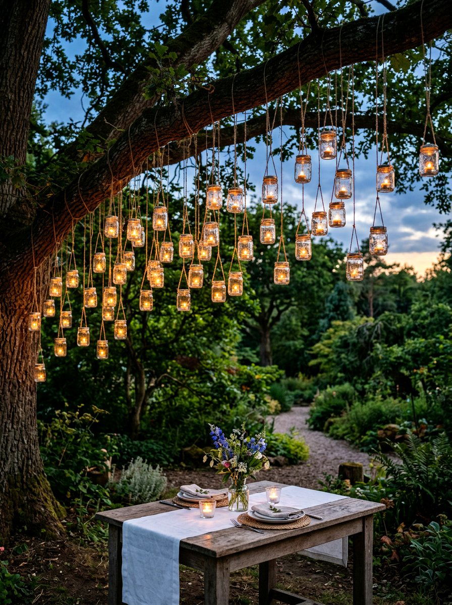 Tree hanging candle jars - 25 Spring Outdoor Candle Ideas