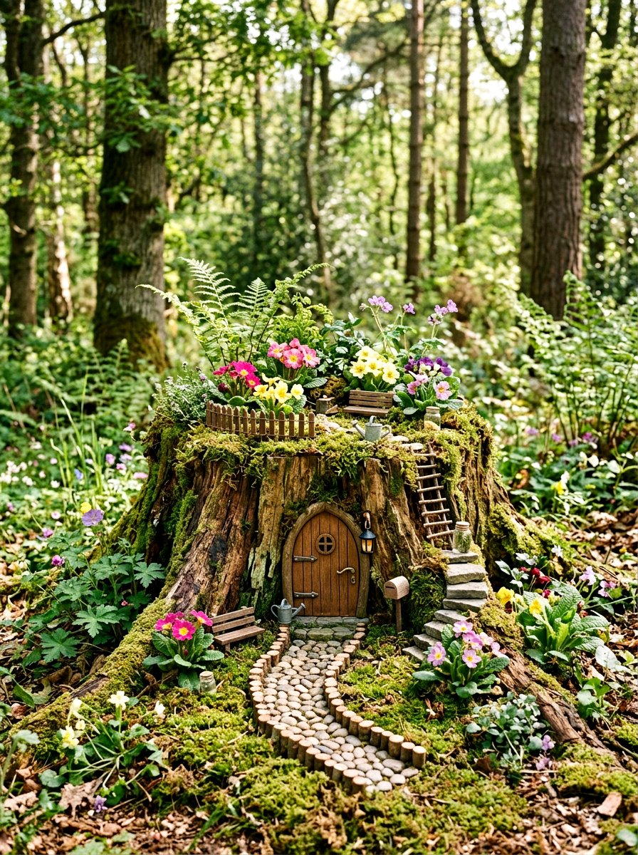 Tree stump fairy garden - 25 Spring Fairy Garden Ideas