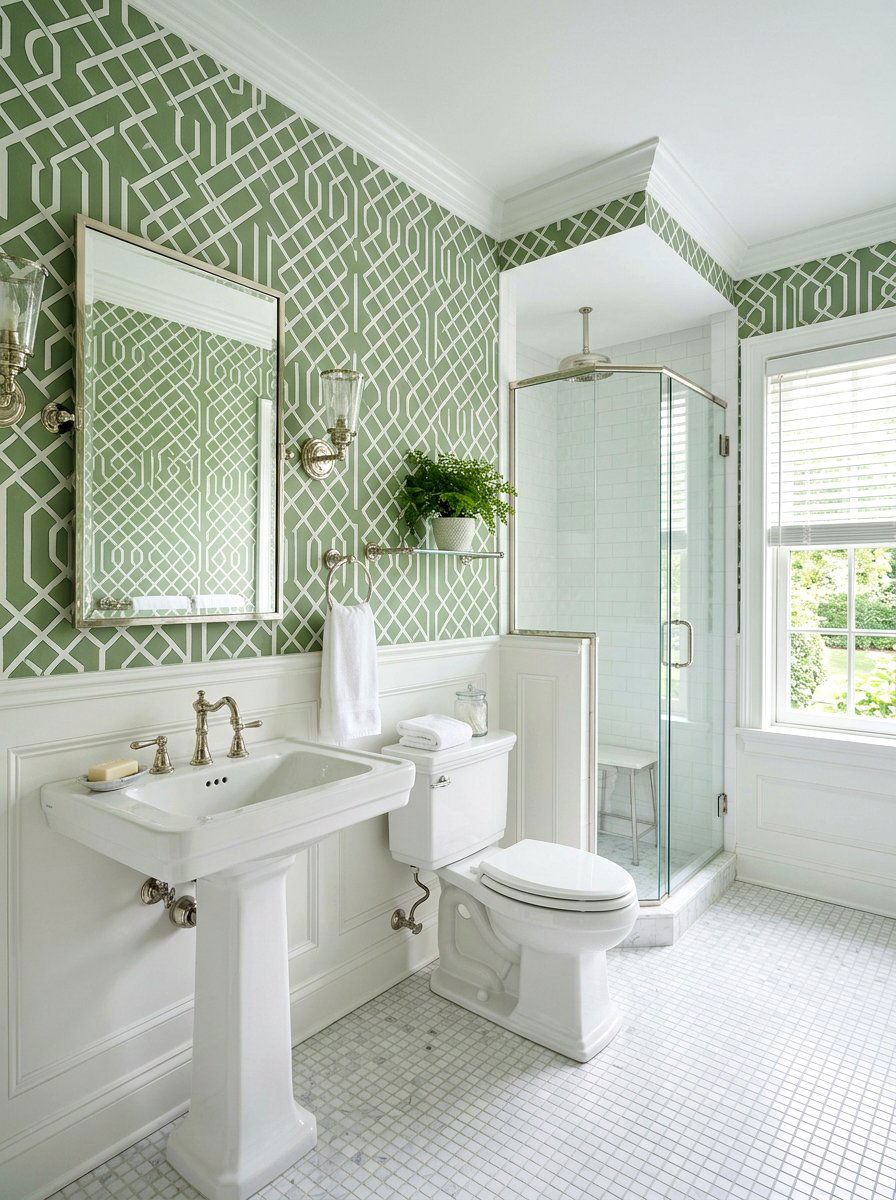 Trellis pattern wallpaper bathroom - 25 Spring Grandmillennial Decor Ideas