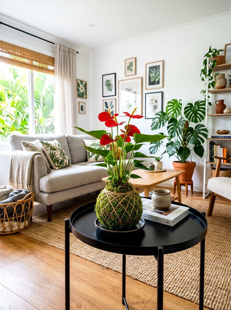 Tropical Anthurium Kokedama - 25 Spring Kokedama Ideas