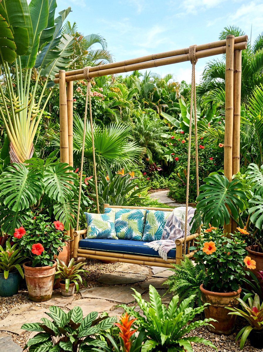 Tropical Garden Swing Palm Leaves - 25 Spring Garden Swing Decor Ideas