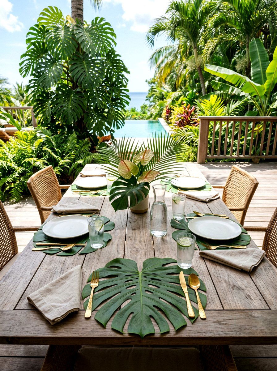 Tropical Leaf Outdoor Table - 25 Spring Outdoor Dining Table Decor Ideas
