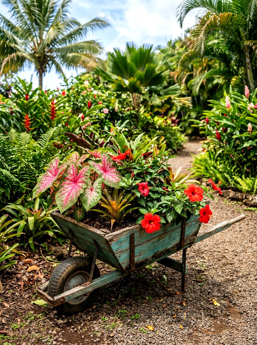 Tropical Wheelbarrow - 25 Spring Wheelbarrow Planter Ideas