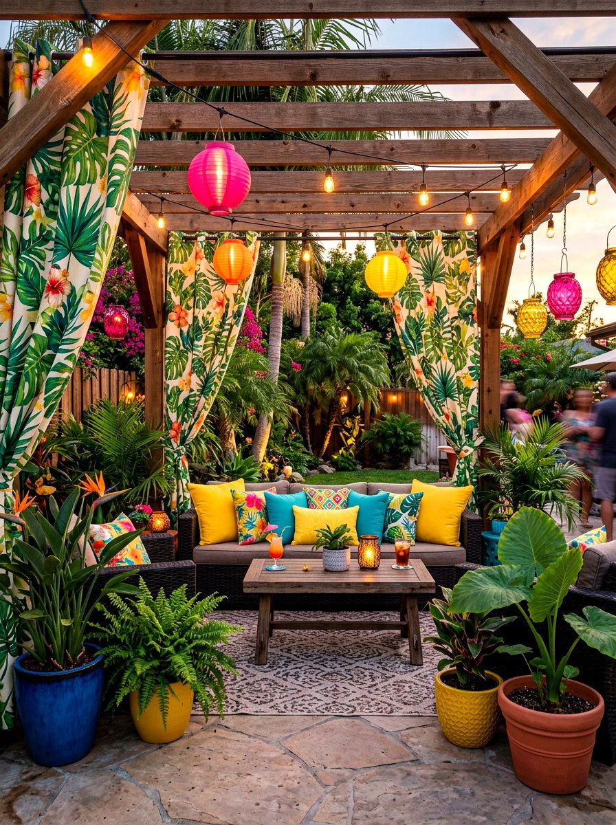 Tropical print outdoor curtains - 25 Spring Outdoor Curtain Ideas