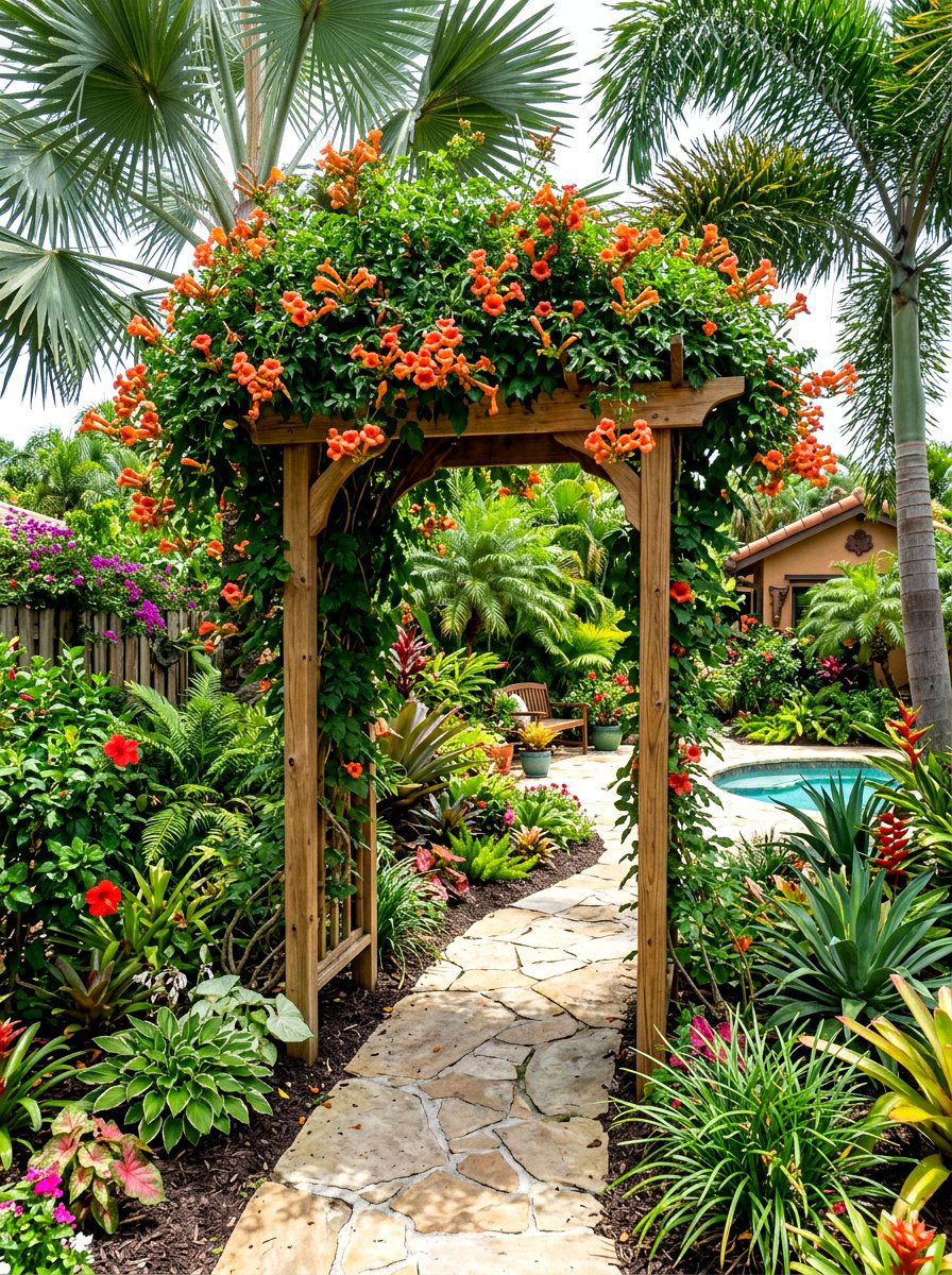 Trumpet Vine On Tall Garden Arch - 25 Spring Garden Arbor Decor Ideas