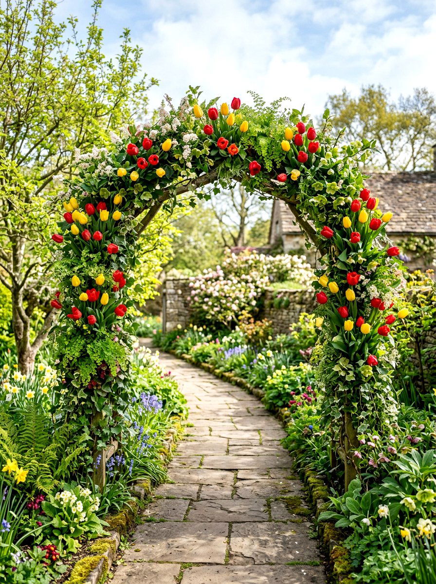 Tulip And Greenery Arch - 25 Spring Floral Arch Ideas