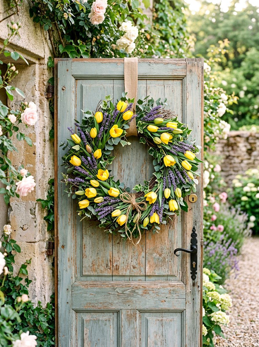 Tulip And Lavender Wreath - 25 Spring Tulip Wreath Ideas