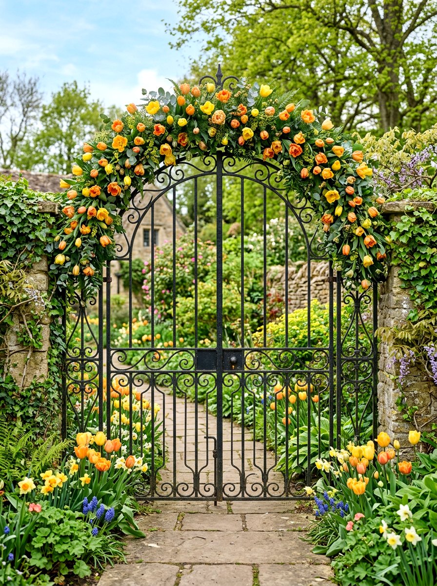 Tulip Garland For Gate - 25 Spring Iron Gate Decor Ideas