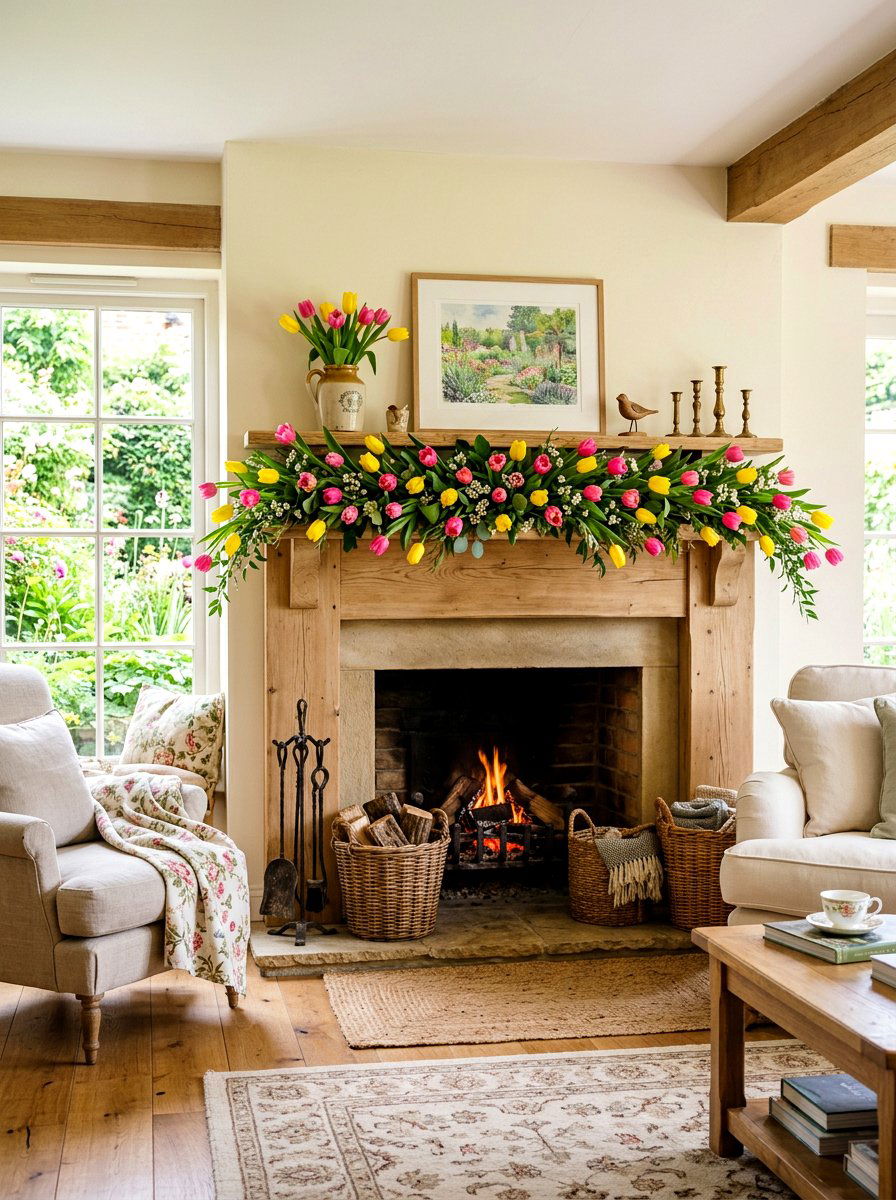 Tulip Garland Mantel - 25 Spring Garland Ideas for Mantel