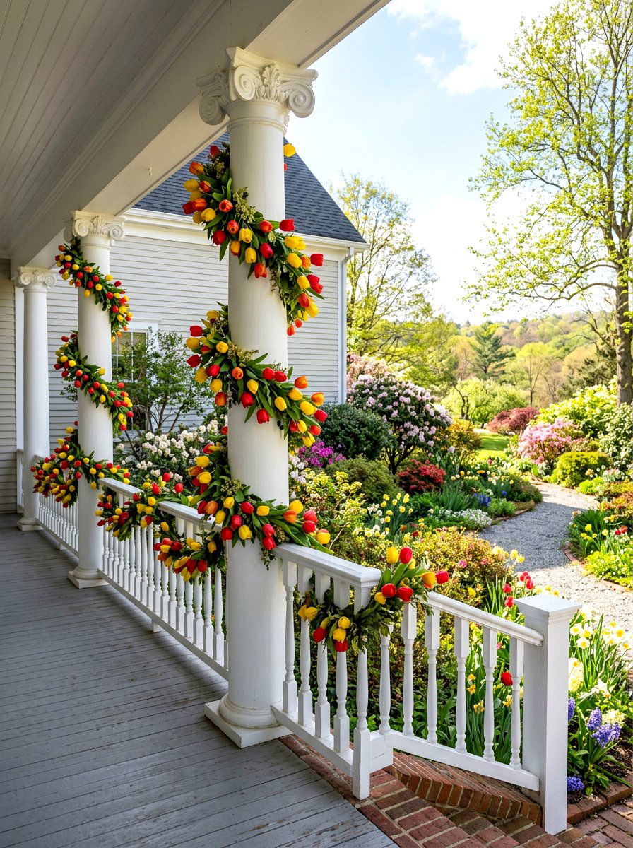 Tulip Garland Porch Decor - 25 Spring Porch Column Decor Ideas