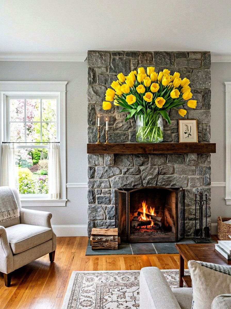 Tulip Mantel Display - 25 Spring Stone Fireplace Decor Ideas