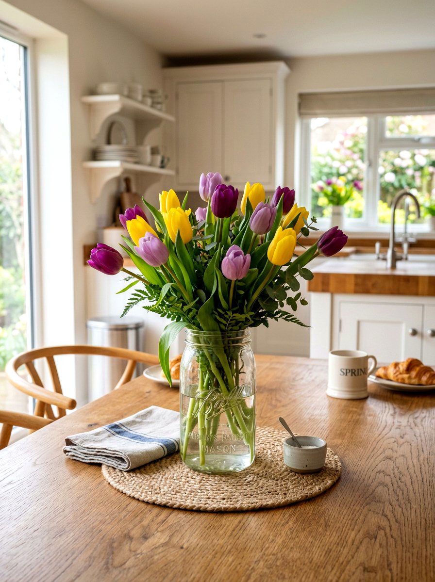 Tulip Mason Jar Arrangement - 25 Spring Mason Jar Centerpiece Ideas