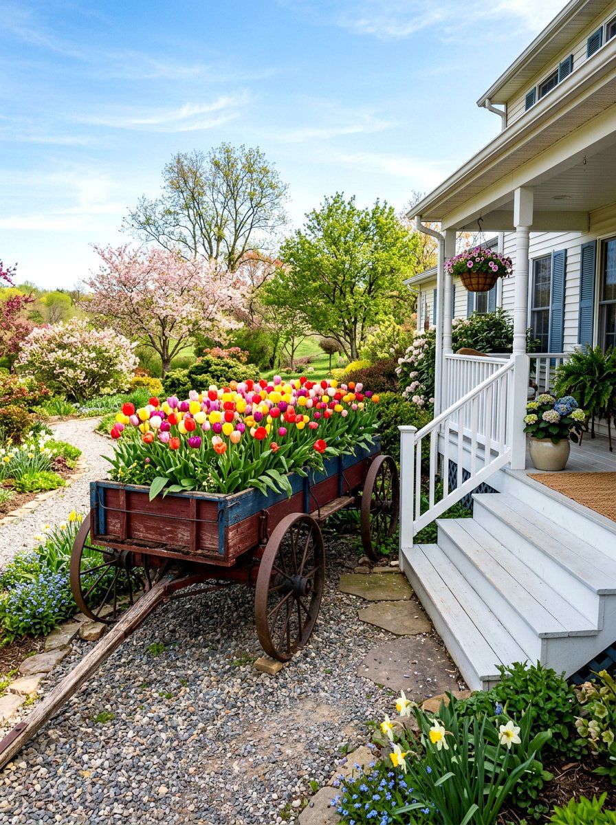 Tulip Wagon Planter - 25 Spring Porch Wagon Decor Ideas