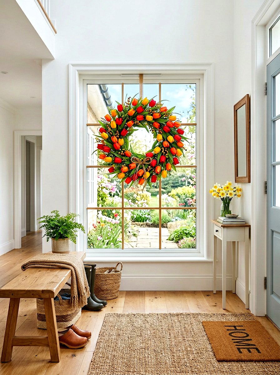 Tulip Wreath Window - 25 Spring Window Frame Decor Ideas
