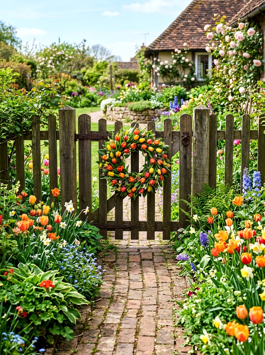 Tulip Wreath Wooden Gate - 25 Spring Wooden Gate Decor Ideas