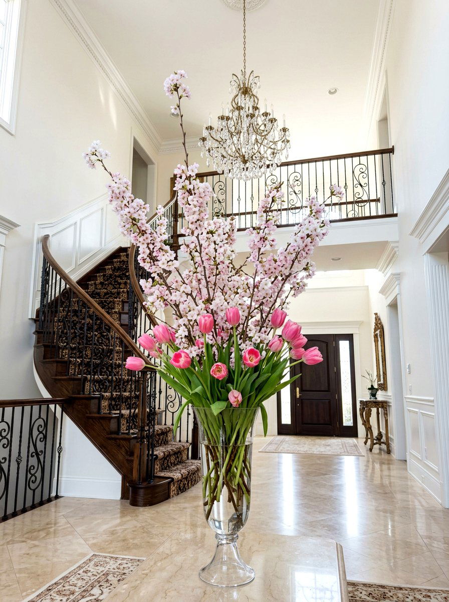 Tulip and Cherry Blossom Branch - 25 Spring Tulip Centerpiece Ideas