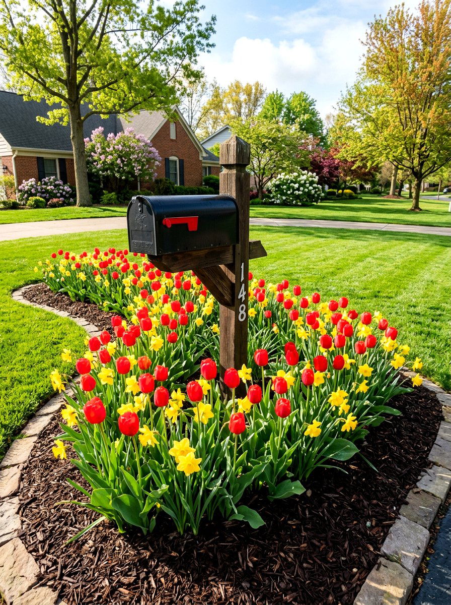 Tulip and daffodil mailbox bed - 25 Spring Mailbox Planter Ideas