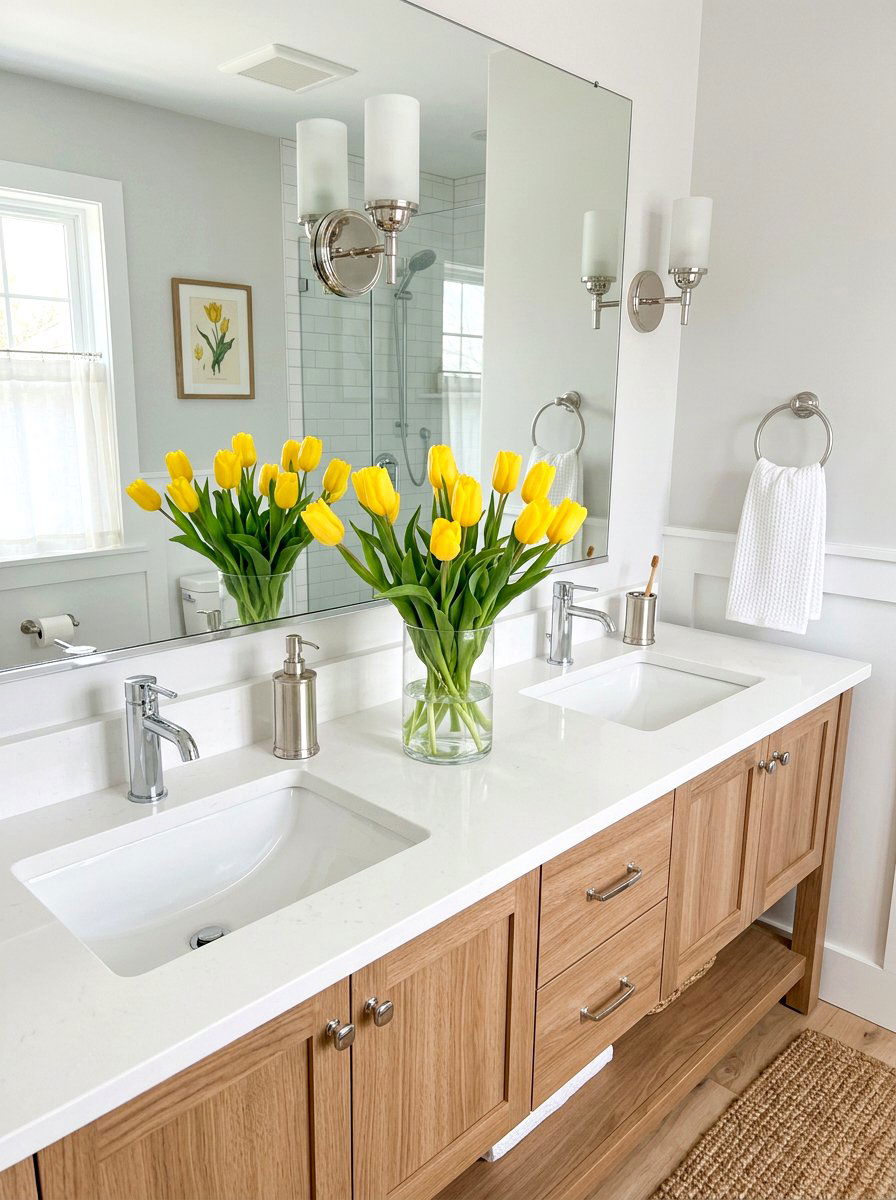 Tulip arrangement for bathroom vanity - 25 Spring Bathroom Mirror Decor Ideas