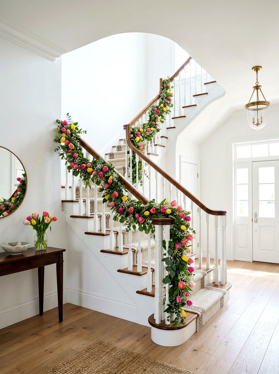 Tulip garland for staircase - 25 Spring Staircase Decor Ideas