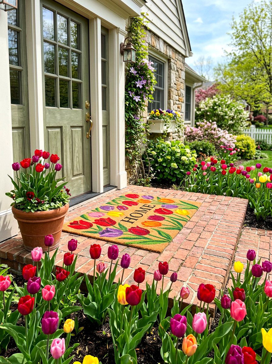 Tulip pattern front door mat - 25 Spring Welcome Mat Ideas