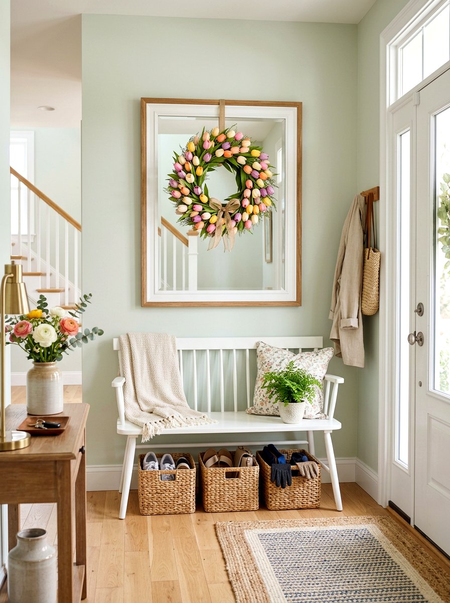 Tulip wreath on entryway mirror - 25 Spring Wreath on Mirror Ideas