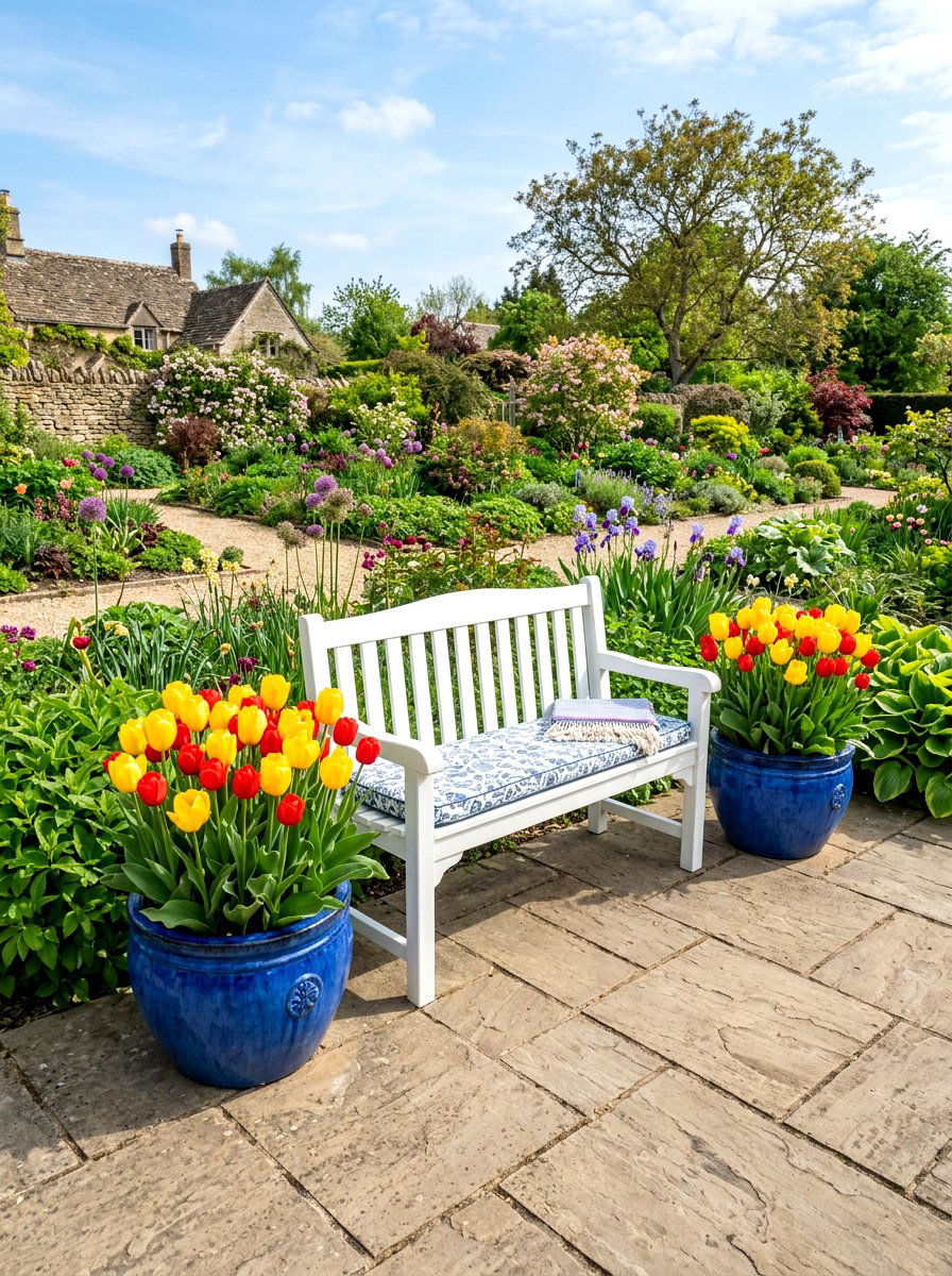 Tulips By Garden Bench - 25 Spring Garden Bench Decor Ideas