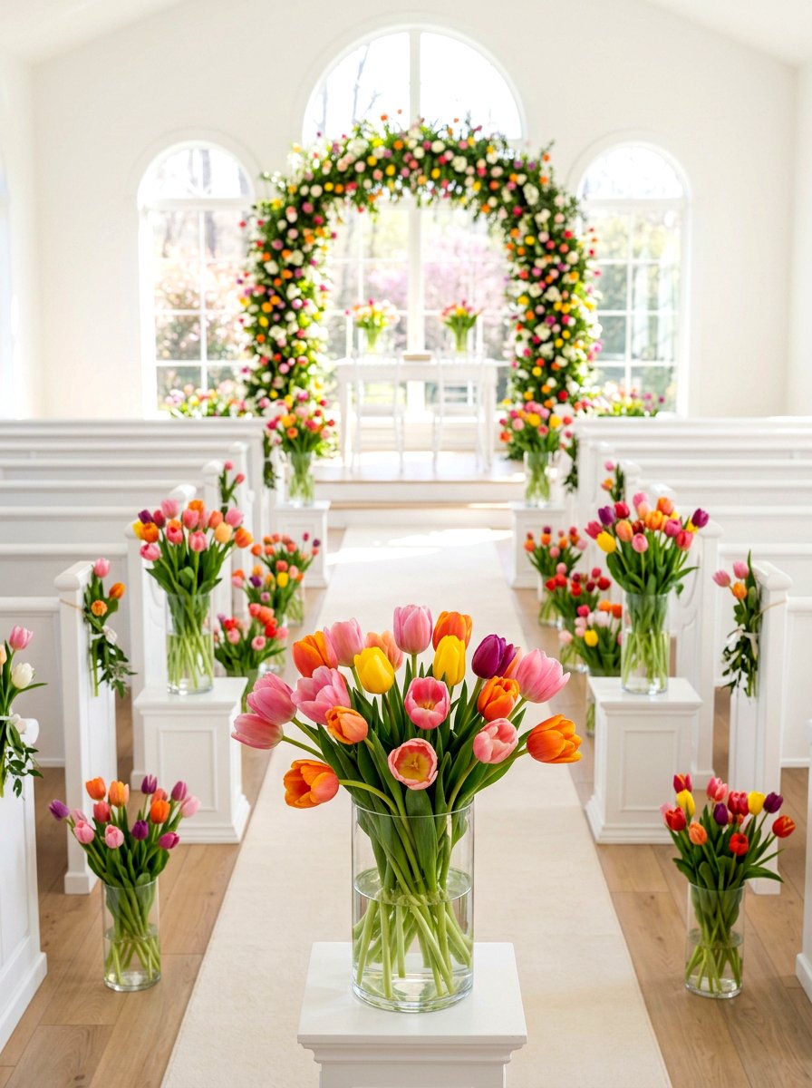 Tulips In Glass Vases - 25 Spring Wedding Pew Decor Ideas