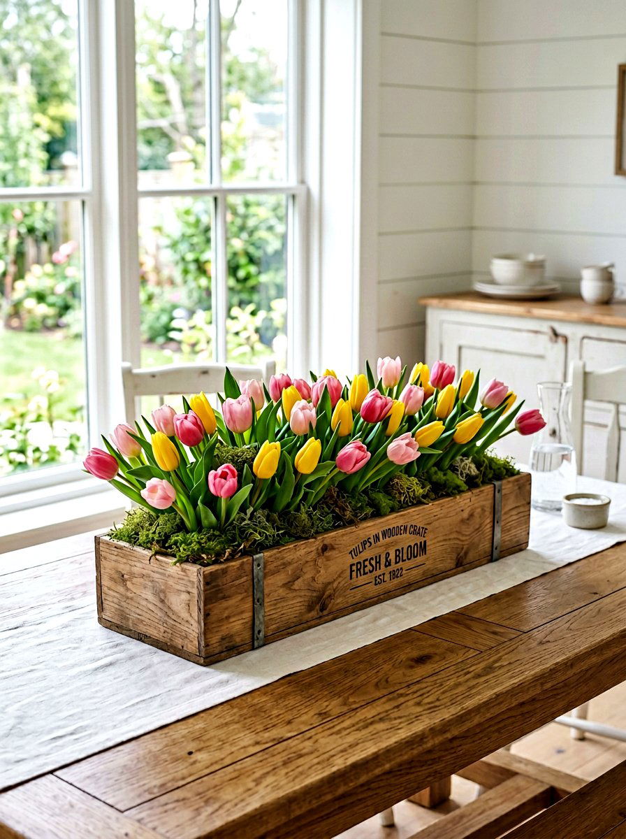 Tulips In Wooden Crate - 25 Spring Wooden Box Decor Ideas