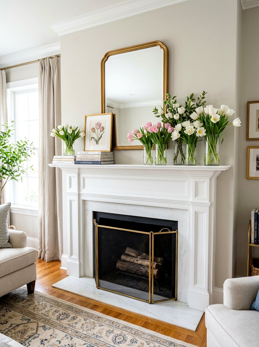 Tulips On Fireplace Mantel - 25 Spring Mantel Vignette Ideas