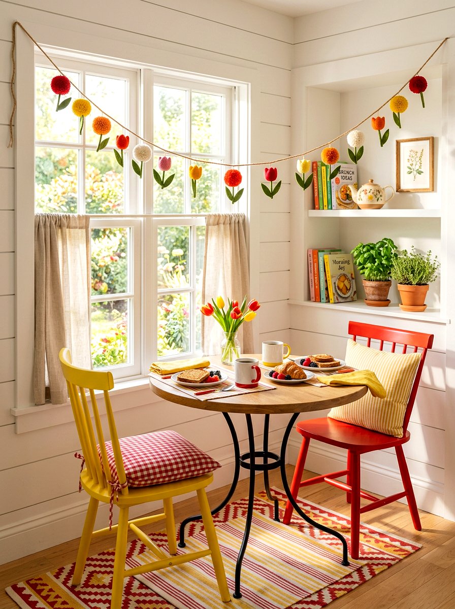 Tulips Pom Pom Garland Breakfast Nook - 25 Spring Pom Pom Garland Ideas