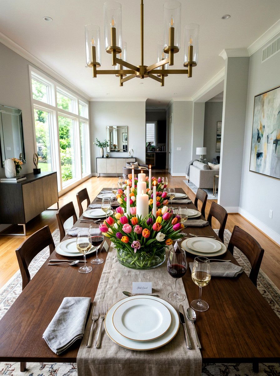 Tulips and pillar candle arrangement - 25 Spring Pillar Candle Ideas