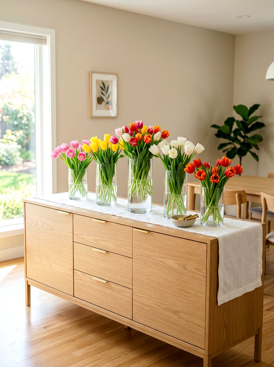 Tulips in glass vases - 25 Spring Dining Room Buffet Ideas