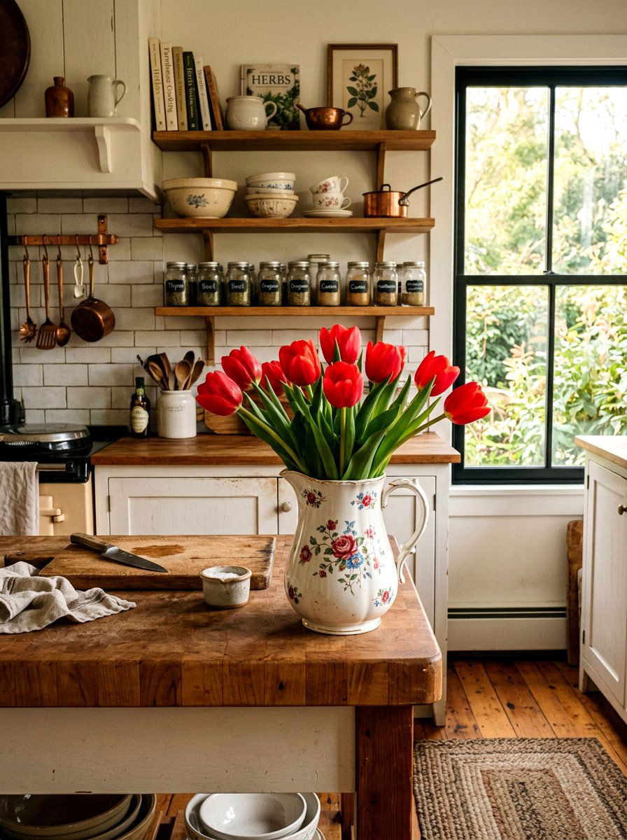 Tulips in vintage pitcher - 25 Spring Tulip Arrangement Ideas