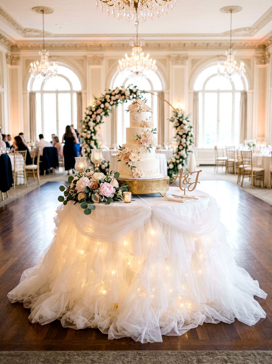 Tulle Skirted Cake Table - 25 Spring Wedding Cake Table Ideas