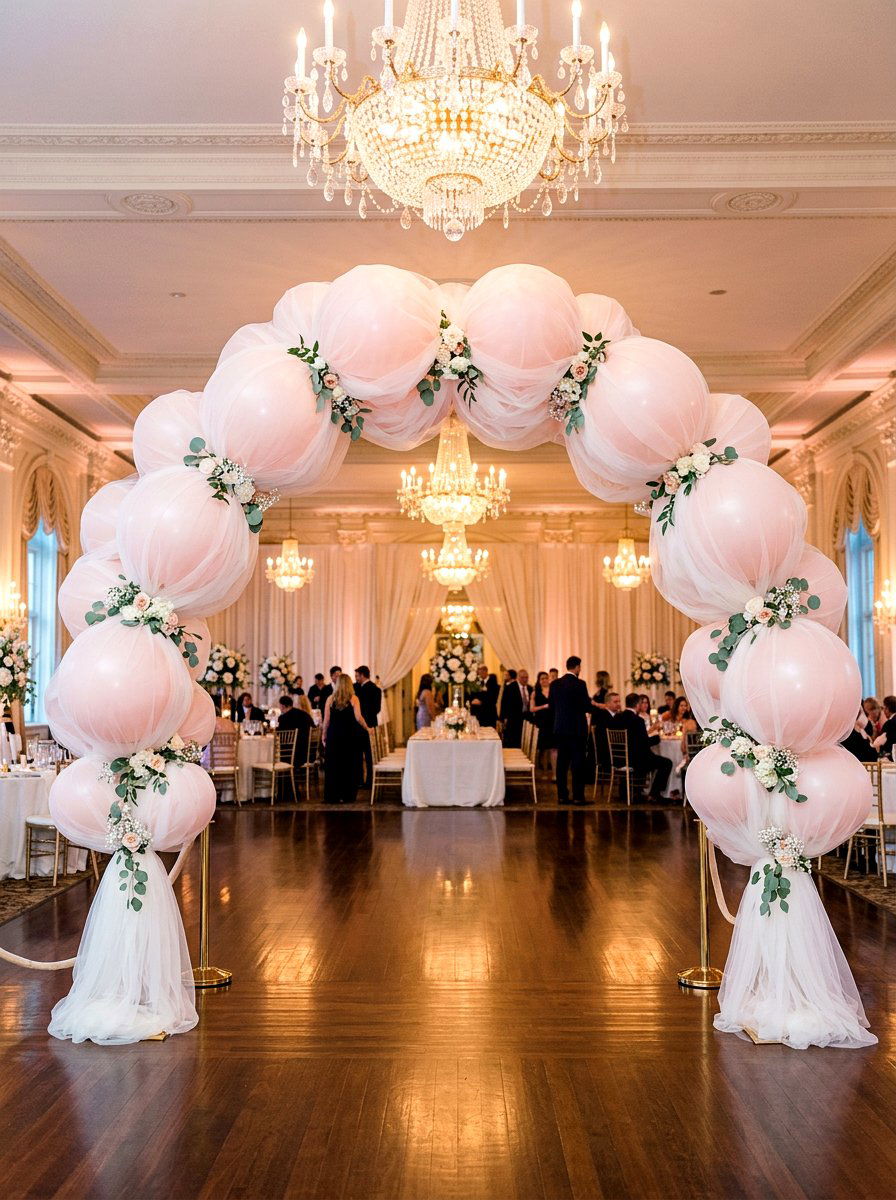 Tulle Wrapped Balloon Arch - 25 Spring Balloon Garland Ideas