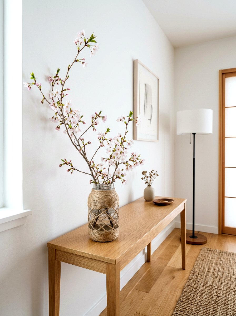 Twine Wrapped Jar With Cherry Blossoms - 25 Spring Mason Jar Flower Ideas