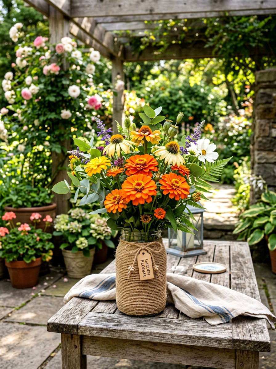 Twine wrapped mason jar flowers - 25 Spring Mason Jar Vase Ideas