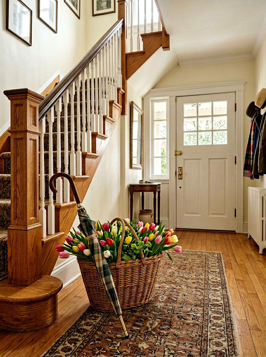 Umbrella and tulip basket decor - 25 Spring Staircase Decor Ideas