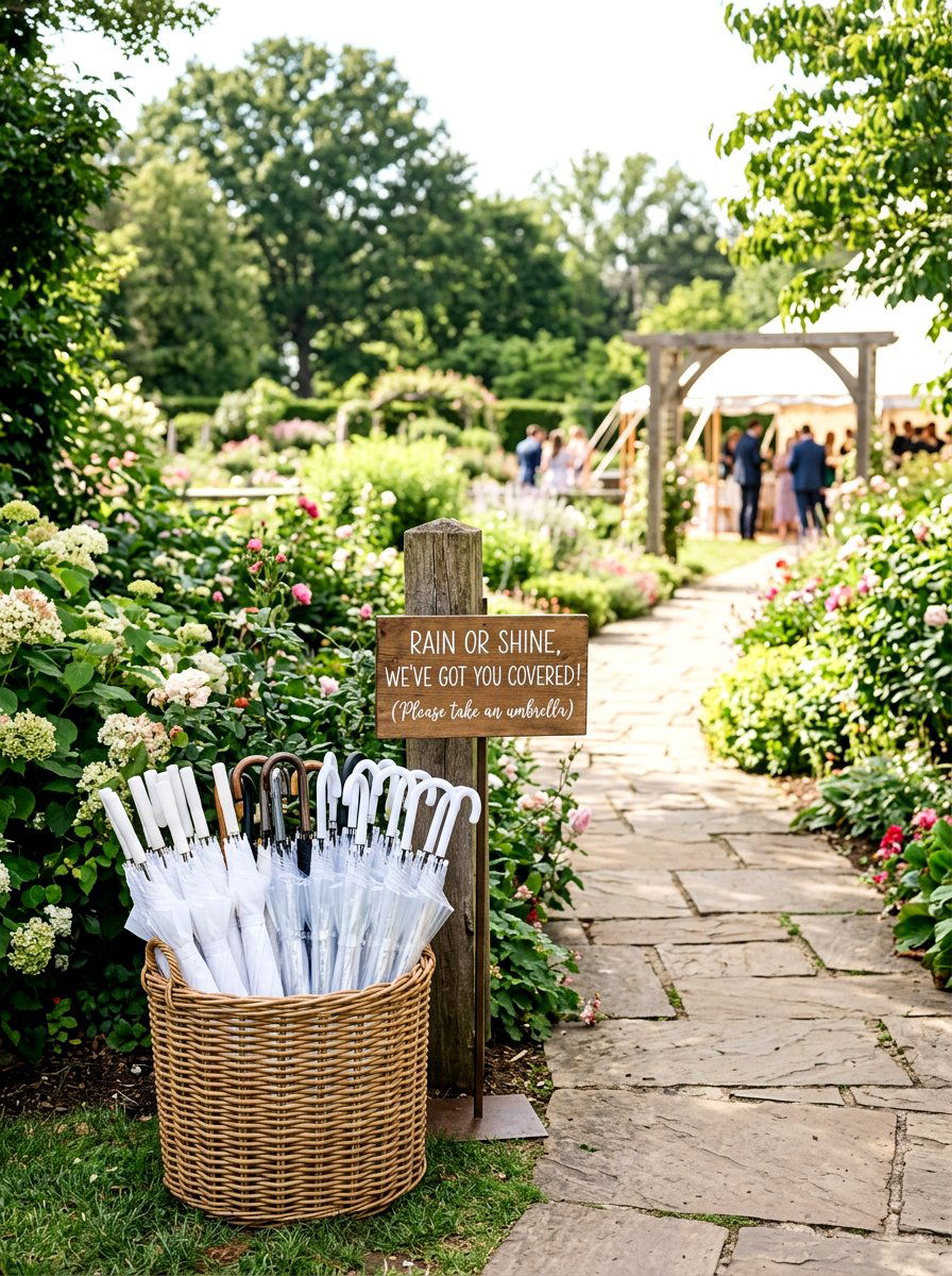 Umbrella wedding guest station - 25 Spring Garden Wedding Ideas