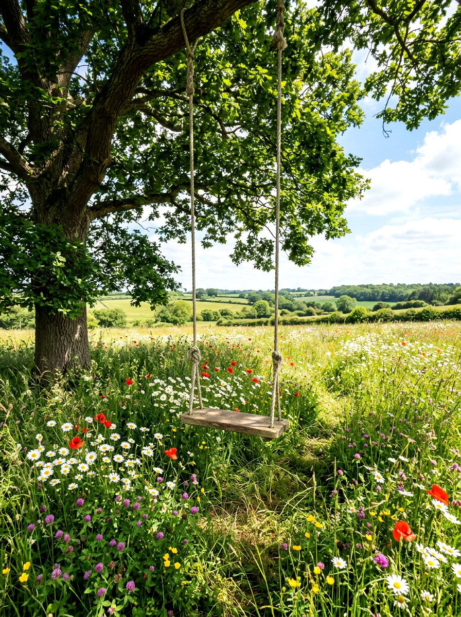 Under Tree Swing Wildflower Meadow - 25 Spring Garden Swing Decor Ideas
