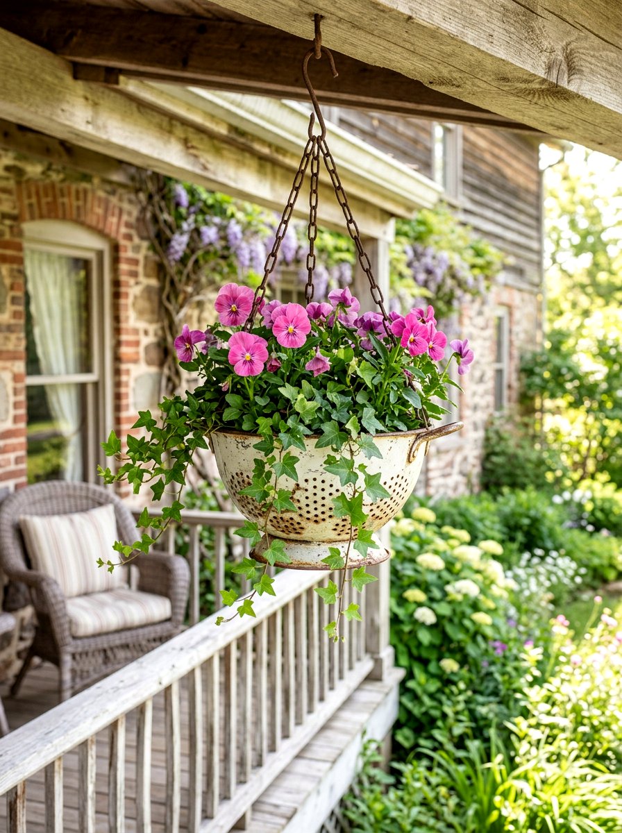 Upcycled Colander Planter - 25 Spring Upcycled Decor Ideas