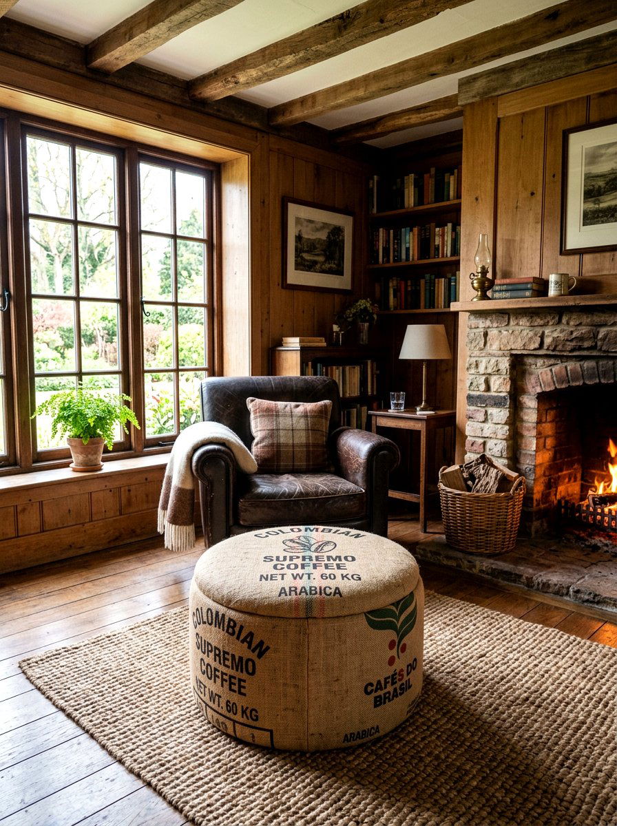 Upholstered Ottoman Coffee Sacks - 25 Spring Upcycled Furniture Ideas