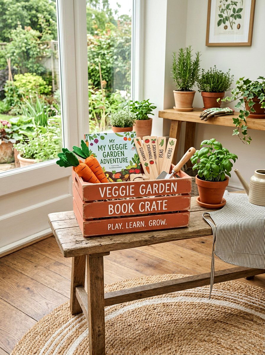 Veggie garden book crate - 25 Spring Bookshelf Ideas for Kids